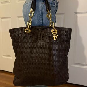 Christian Dior Woven Leather Tote Bag Dark Leather Gold Hardware